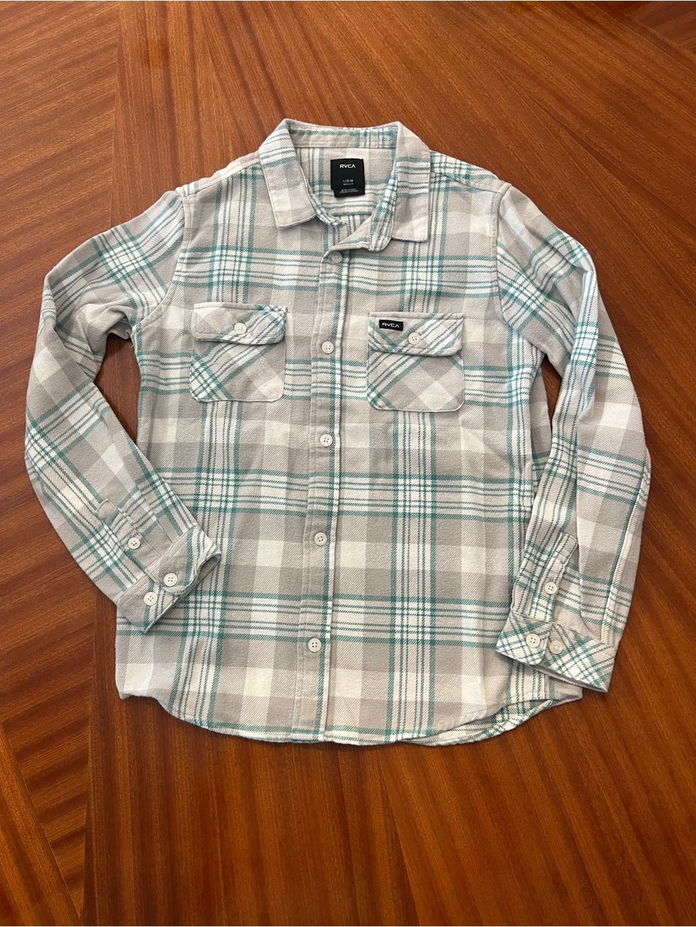 RVCA Gray and Teal Plaid Button-Down Shirt